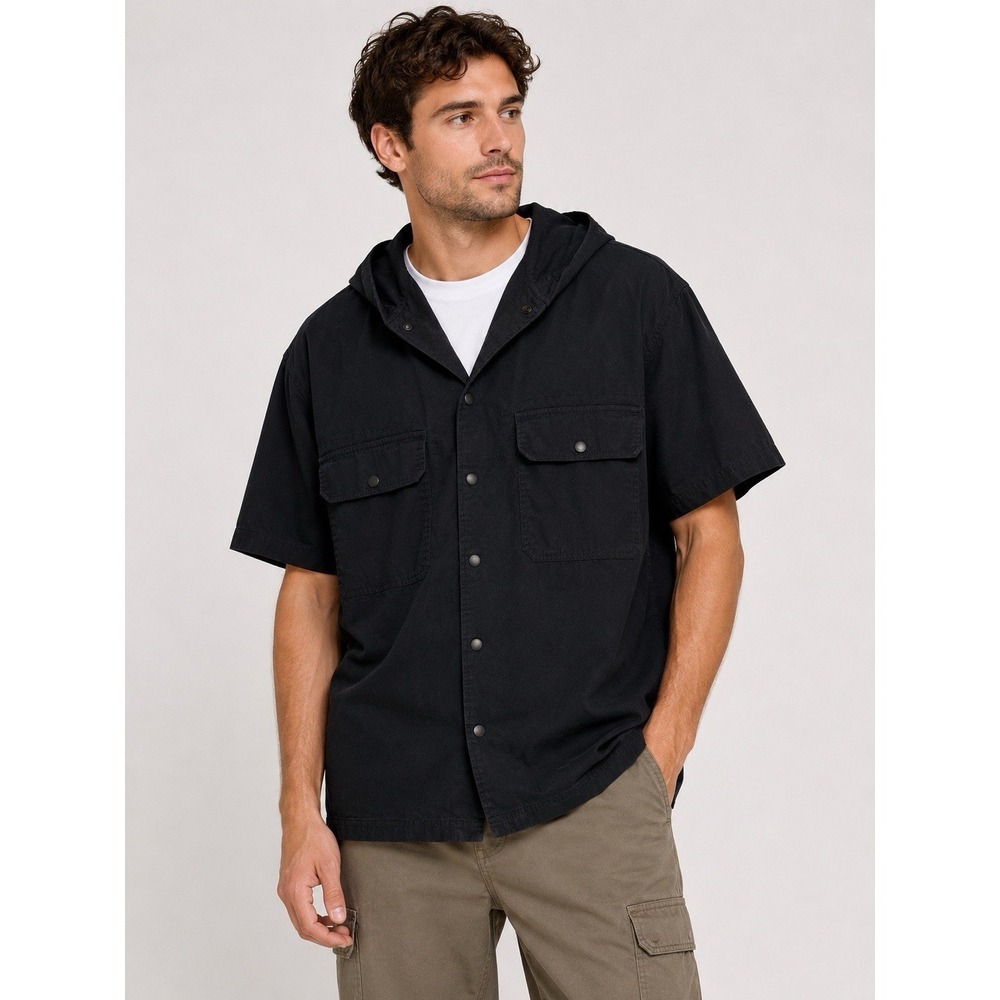 Original Use Black Hooded Utility Shirt Jacket Mens Large Cotton Short Sleeve